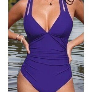 Cupshe Women One Piece Swimsuit Purple Size M NWT Crossback V Neck Ruched Tummy
